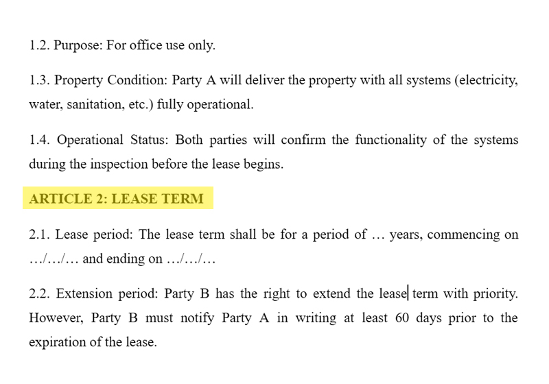 The lease should state the term and renewal conditions