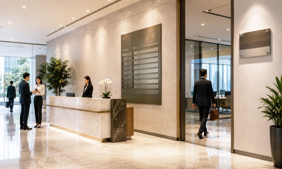 Office building signages display a company's name and business information.