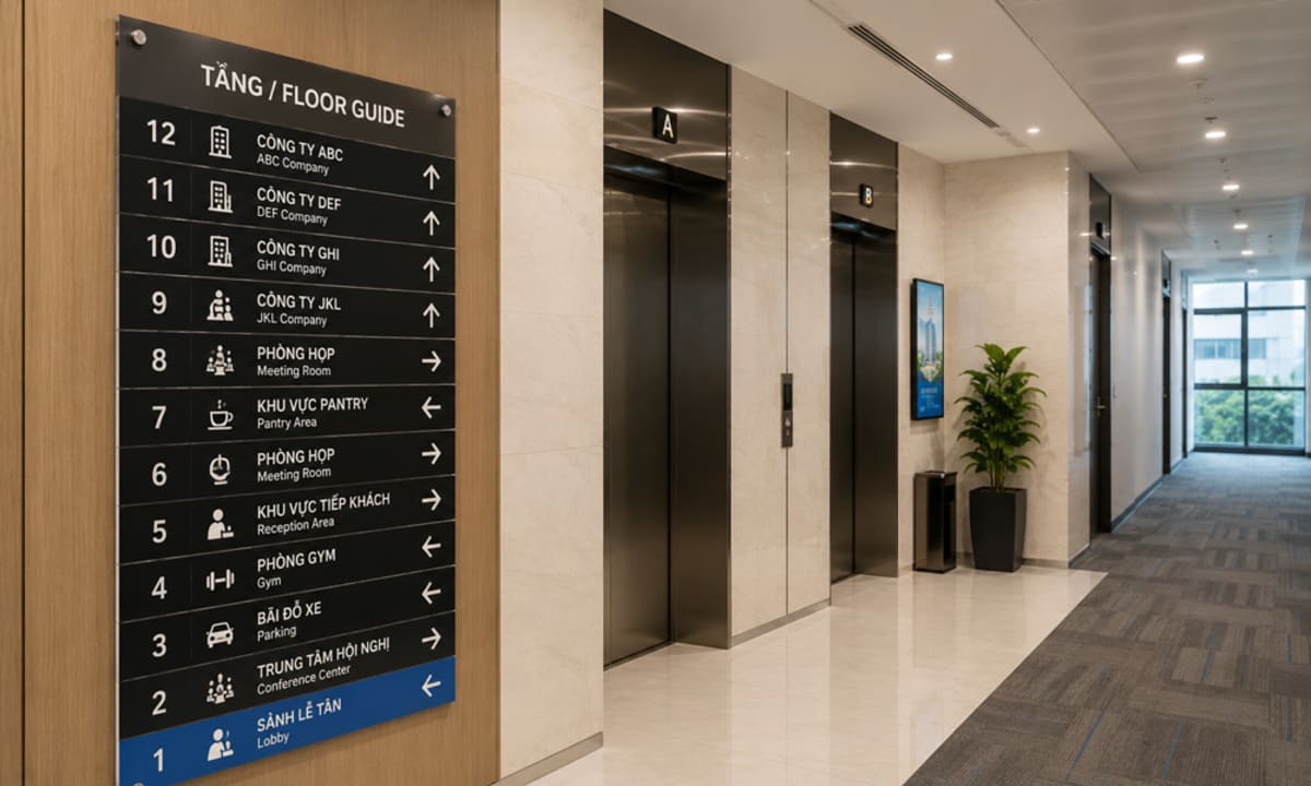 Floor directional signs are placed in corridors and elevator lobbies.