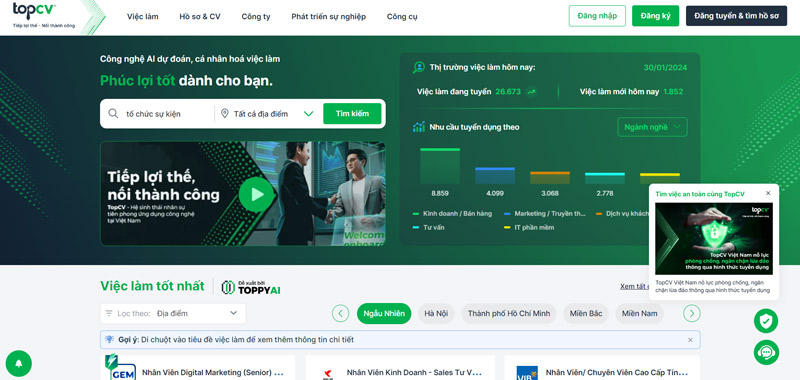 TopCV là trang web đăng tin tuyển dụng miễn phí