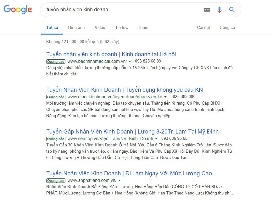 VD sử dụng adwords để tuyển dụng trực tiếp