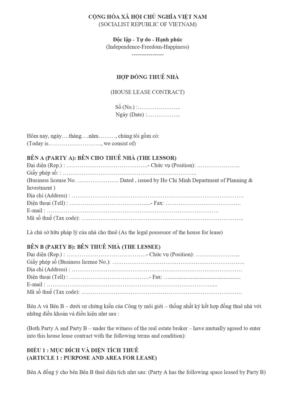 Hợp đồng thuê nhà song ngữ Anh Việt (House Lease Agreement)