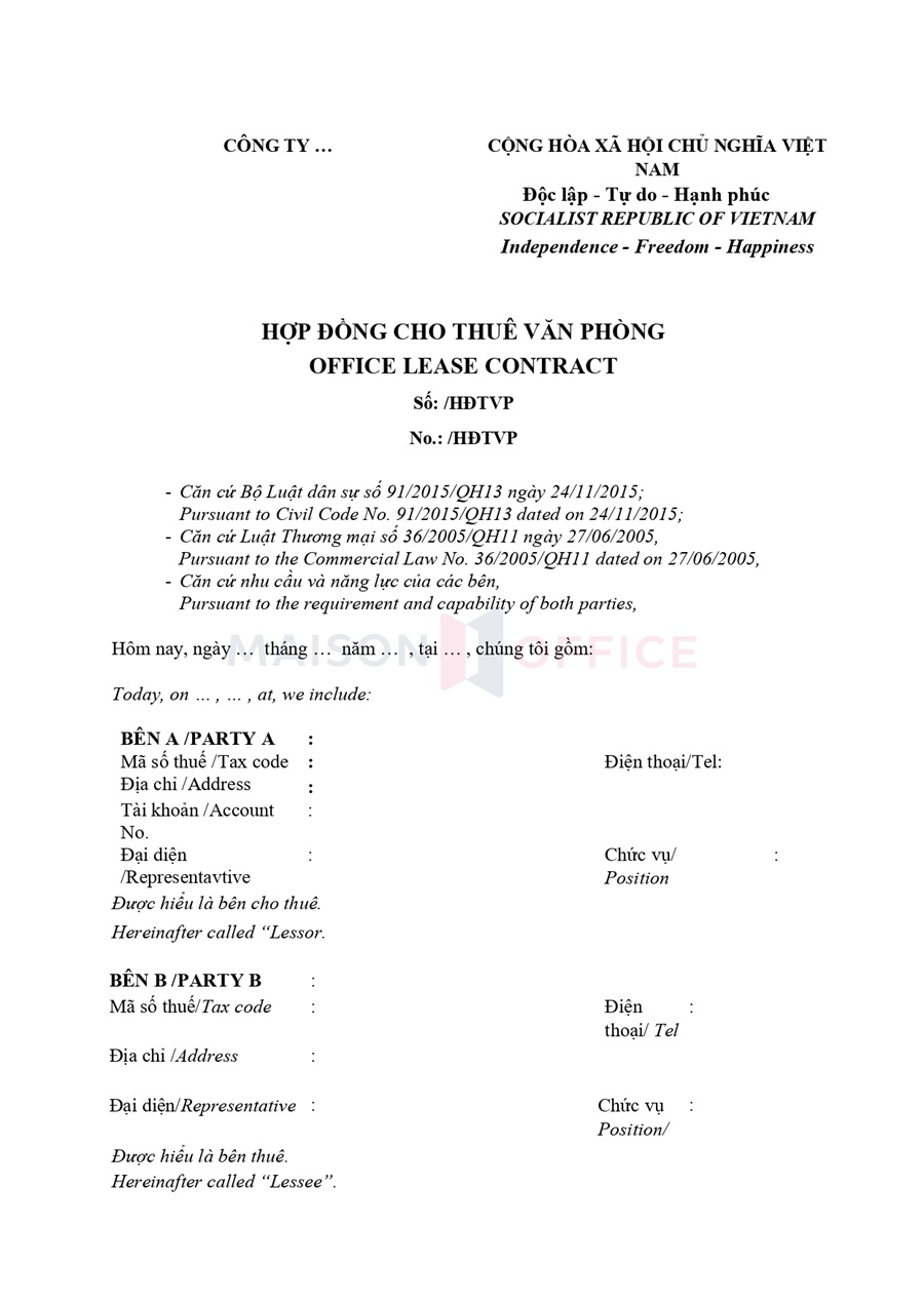 Hợp đồng thuê văn phòng song ngữ Anh Việt (Office Lease Agreement)