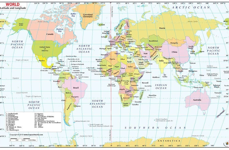 Bản đồ kinh độ, vĩ độ các nước trên thế giới