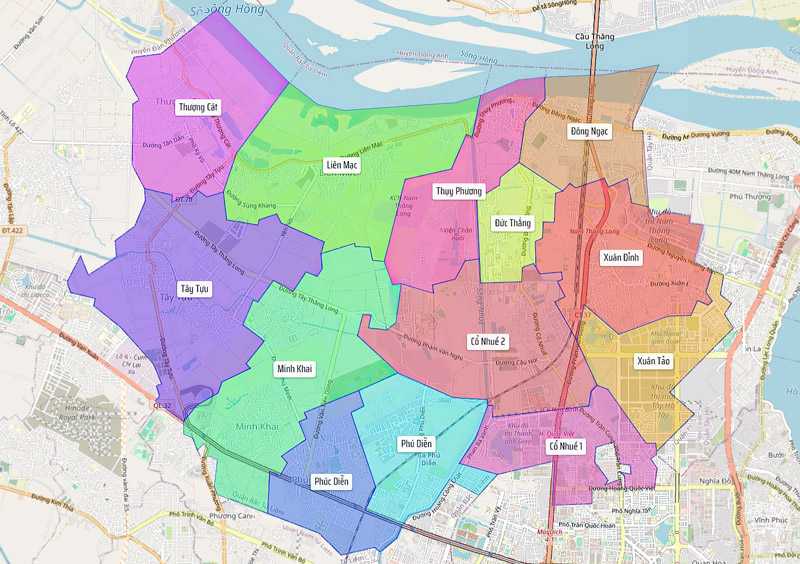 Bản đồ các phường trực thuộc quận Bắc Từ Liêm