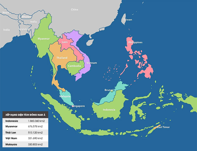 Diện tích của nước Việt Nam xếp thứ 4 Đông Nam Á và xếp thứ 65 thế giới