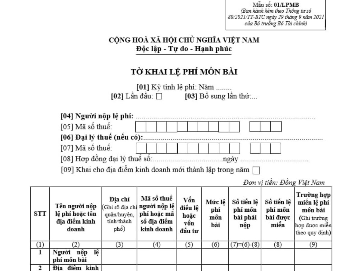 Tờ khai và lệ phí môn bài mẫu