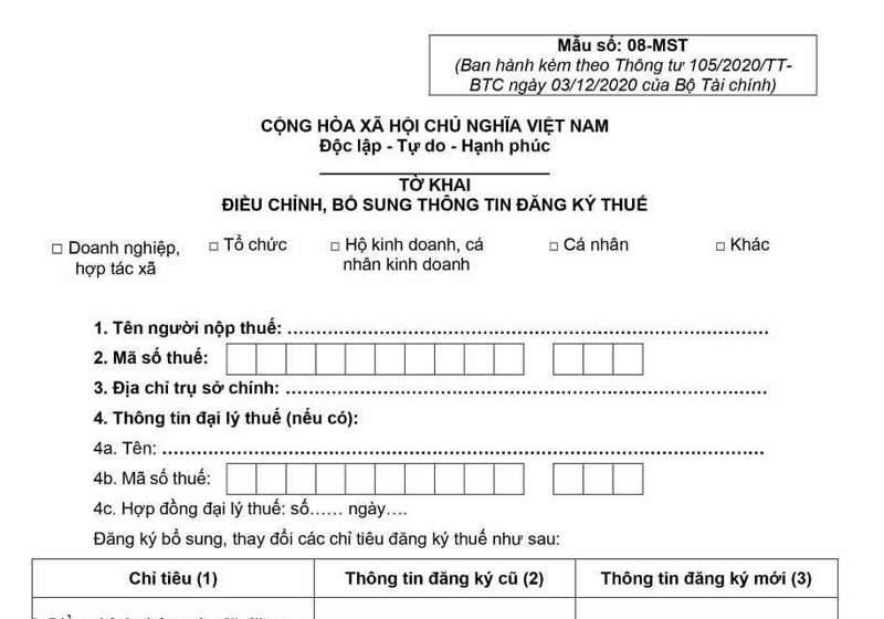 Nộp tờ khai điều chỉnh, bổ sung thông tin đăng ký thuế mẫu 08-MST