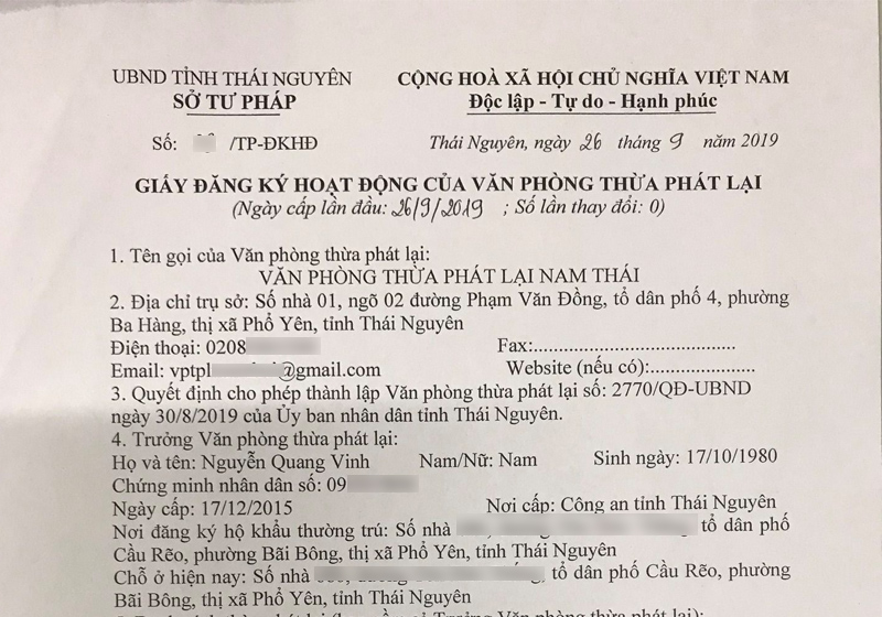 Giấy phép hoạt động của văn phòng thừa phát lại