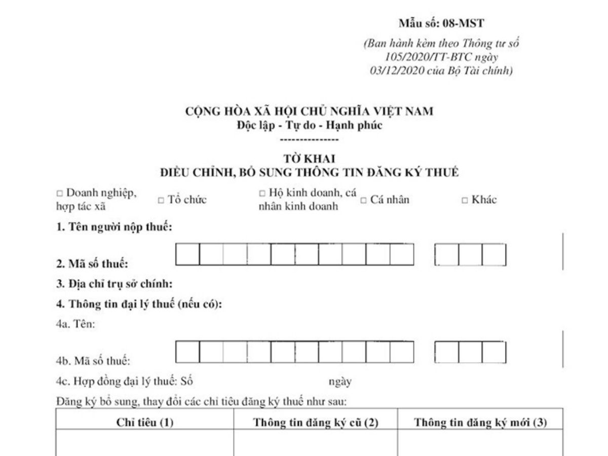 Tờ khai điều chình, bổ sung thông tin đăng ký 