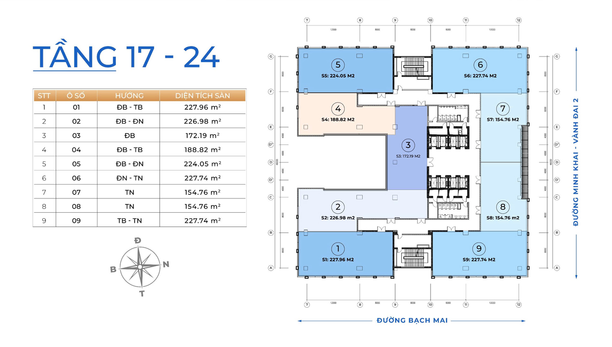 Mặt bằng sàn văn phòng tầng 17 - 24 tòa nhà Vinaconex Diamond