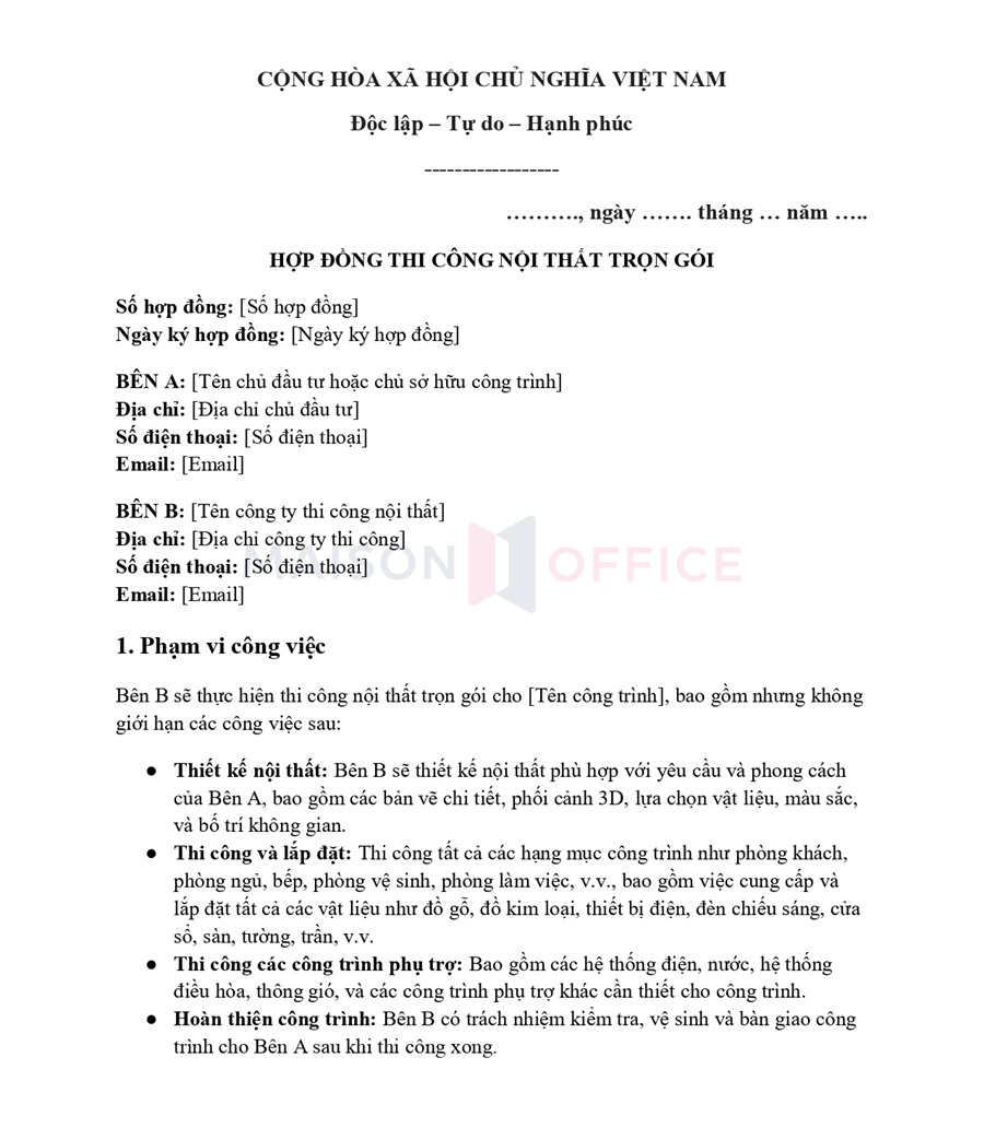 Mẫu hợp đồng thi công nội thất