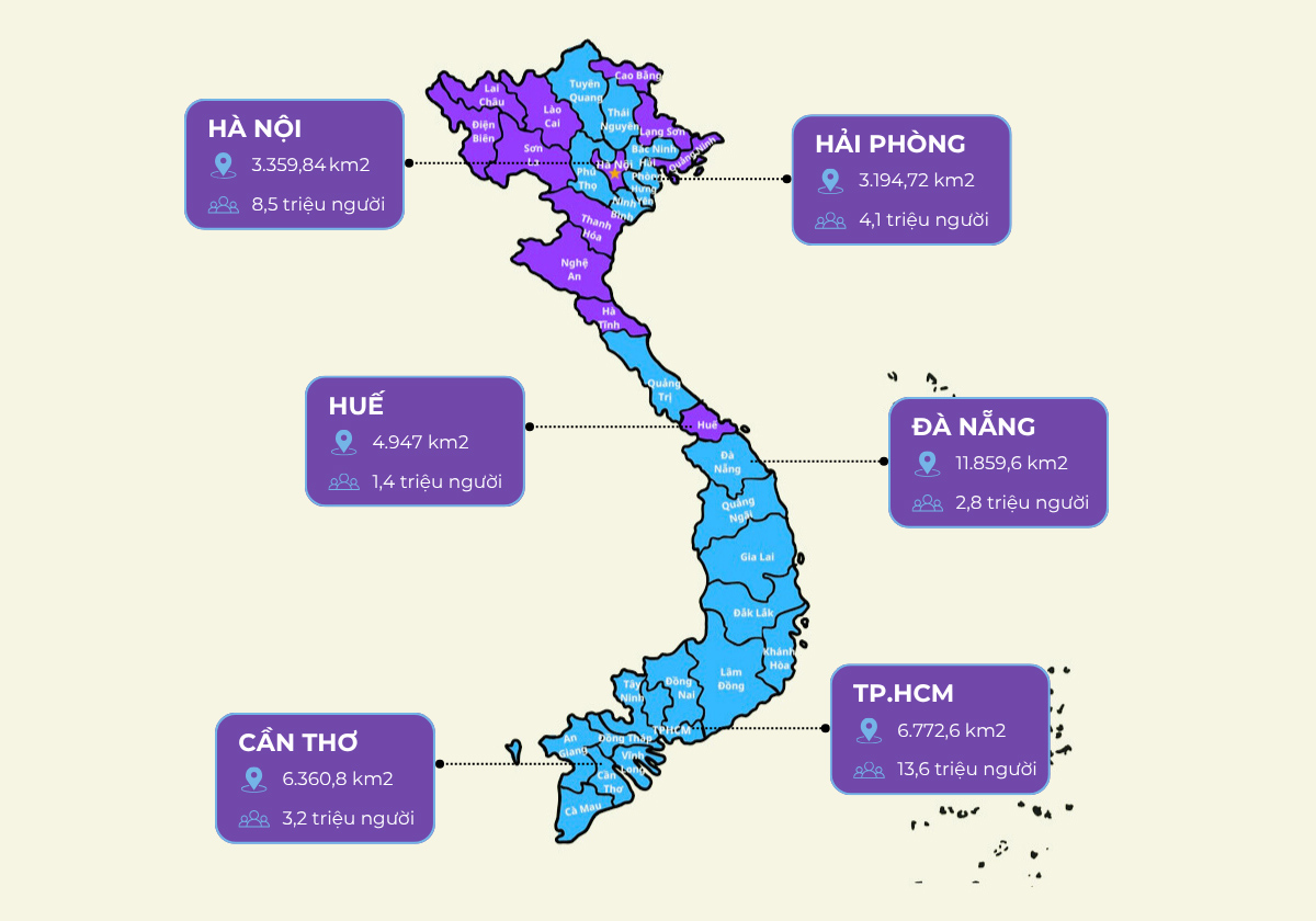 Bản đồ 6 thành phố sau sáp nhập