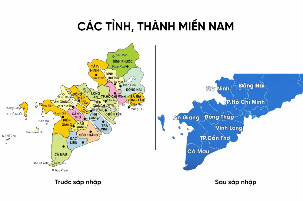 Bản đồ miền Nam trước và sau sáp nhập