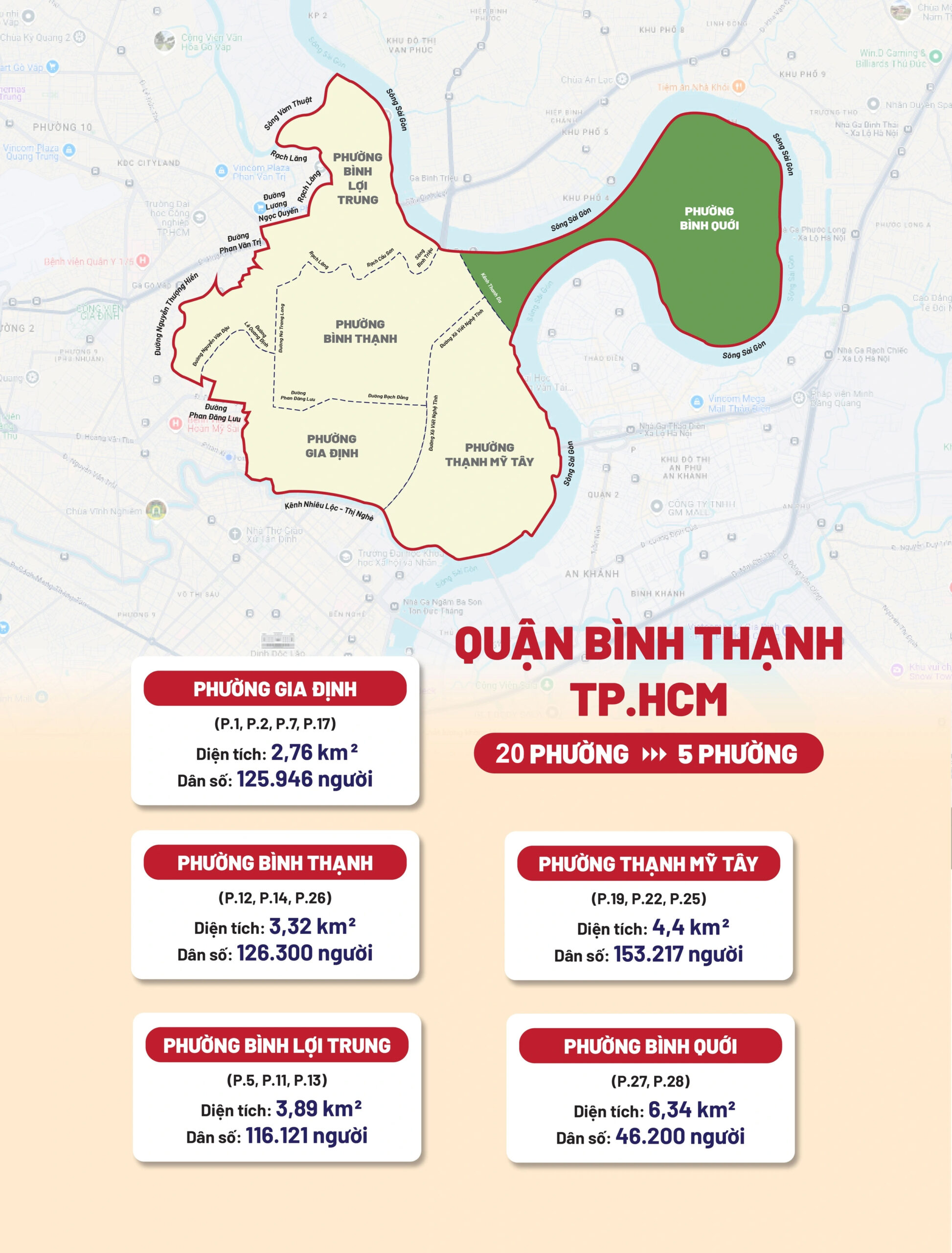 Bản đồ các phường Quận Bình Thạnh sau sáp nhập (nguồn Báo Thanh Niên)