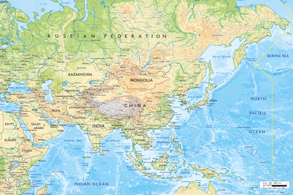 Bản đồ địa lý châu Á phản ánh địa hình tự nhiên như núi cao