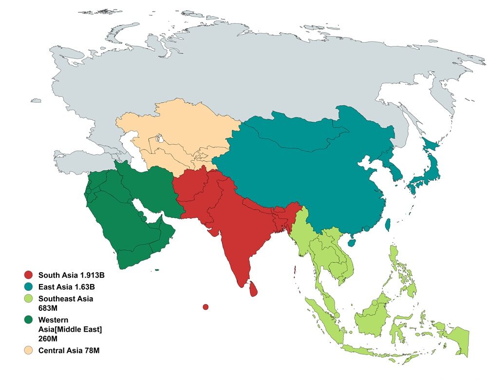 Bản đồ dân số châu Á thể hiện mật độ và phân bố dân cư giữa các khu vực