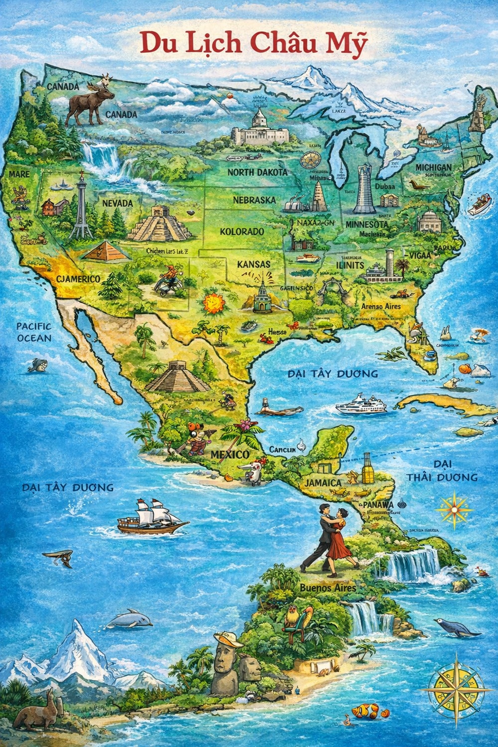 Bản đồ du lịch Châu Mỹ đánh dấu các điểm đến nổi bật