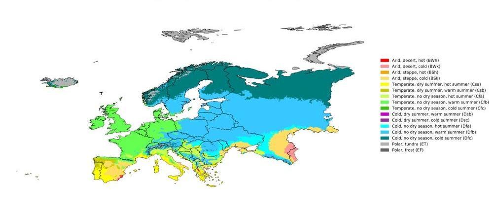Bản đồ khí hậu châu Âu mô tả sự phân bố các kiểu khí hậu như ôn đới hải dương