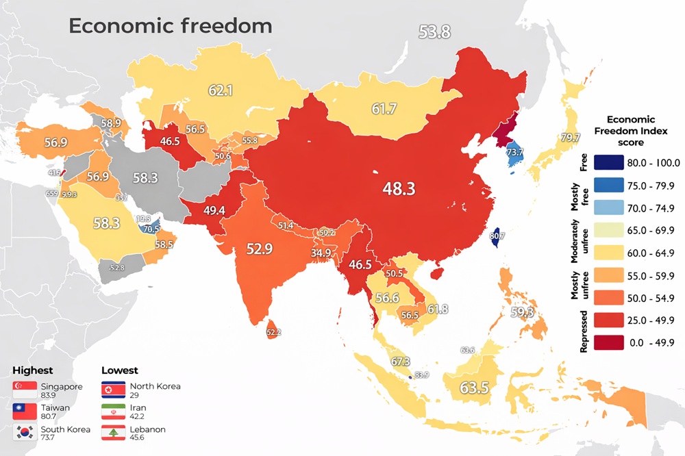 Bản đồ kinh tế châu Á minh họa các trung tâm kinh tế