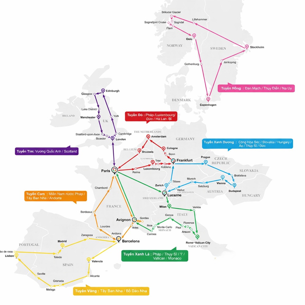 Bản đồ du lịch châu Âu tập trung hiển thị các điểm đến nổi bật