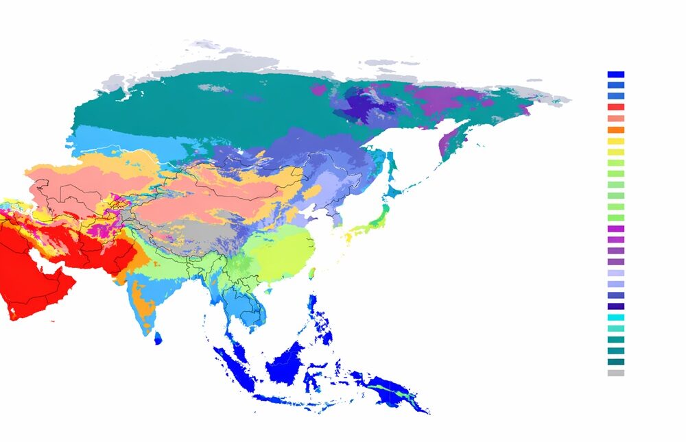 Bản đồ khí hậu châu Á phân chia các vùng khí hậu đặc trưng như ôn đới