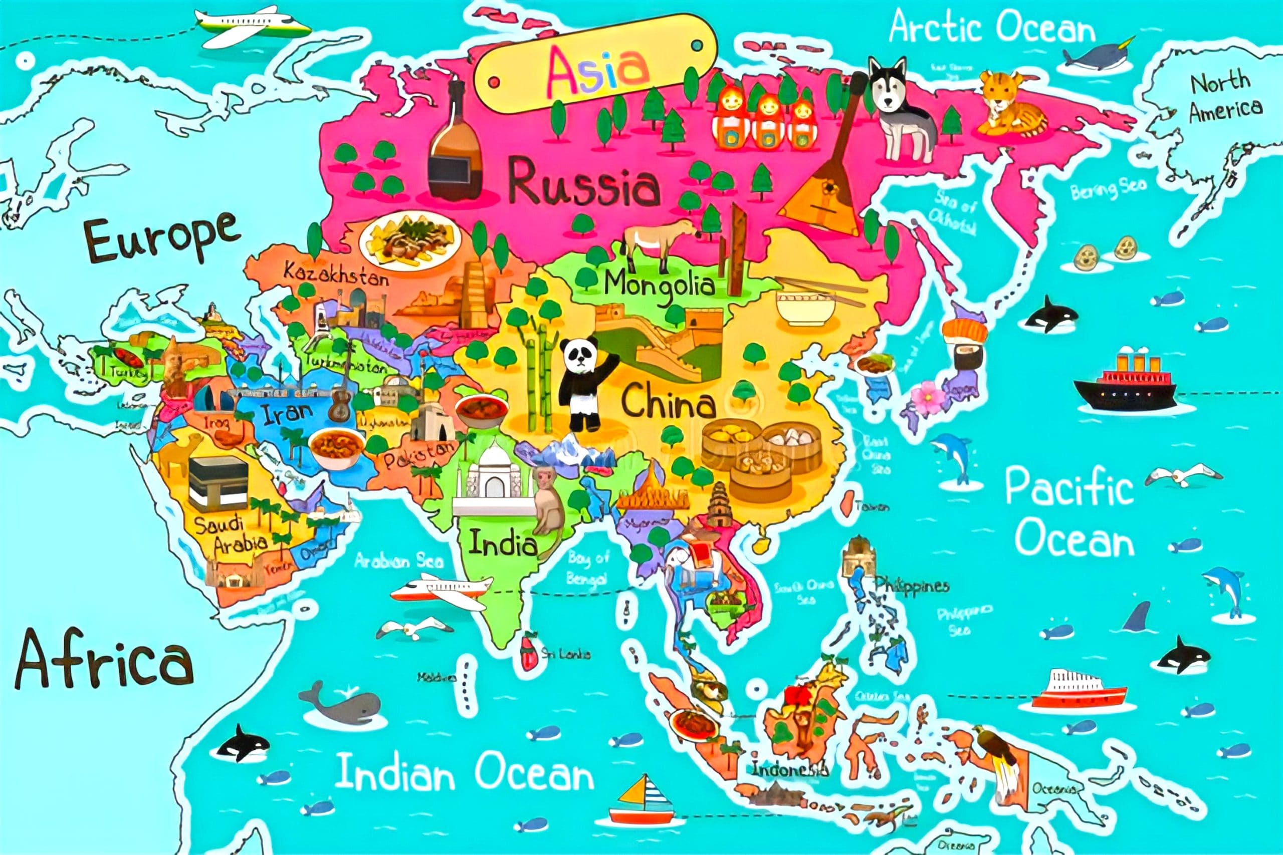 Bản đồ du lịch châu Á tập trung thể hiện các điểm đến nổi bật