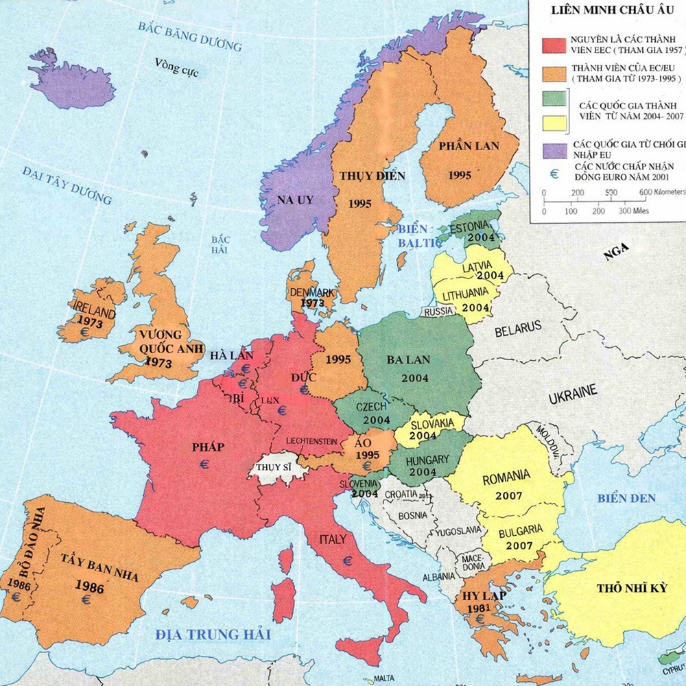 Bản đồ các nước châu Âu phản ánh toàn bộ hệ thống quốc gia độc lập trên lục địa châu Âu