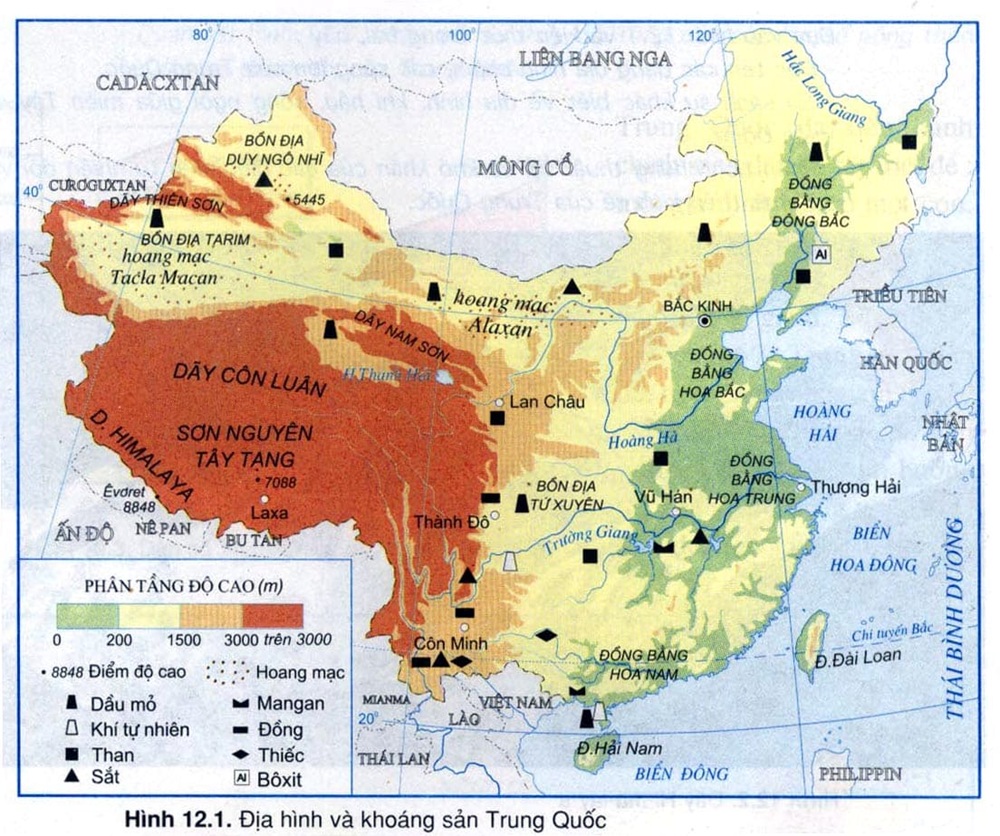 Bản đồ địa lý tập trung vào địa hình, sông ngòi, cao nguyên và dãy núi lớn