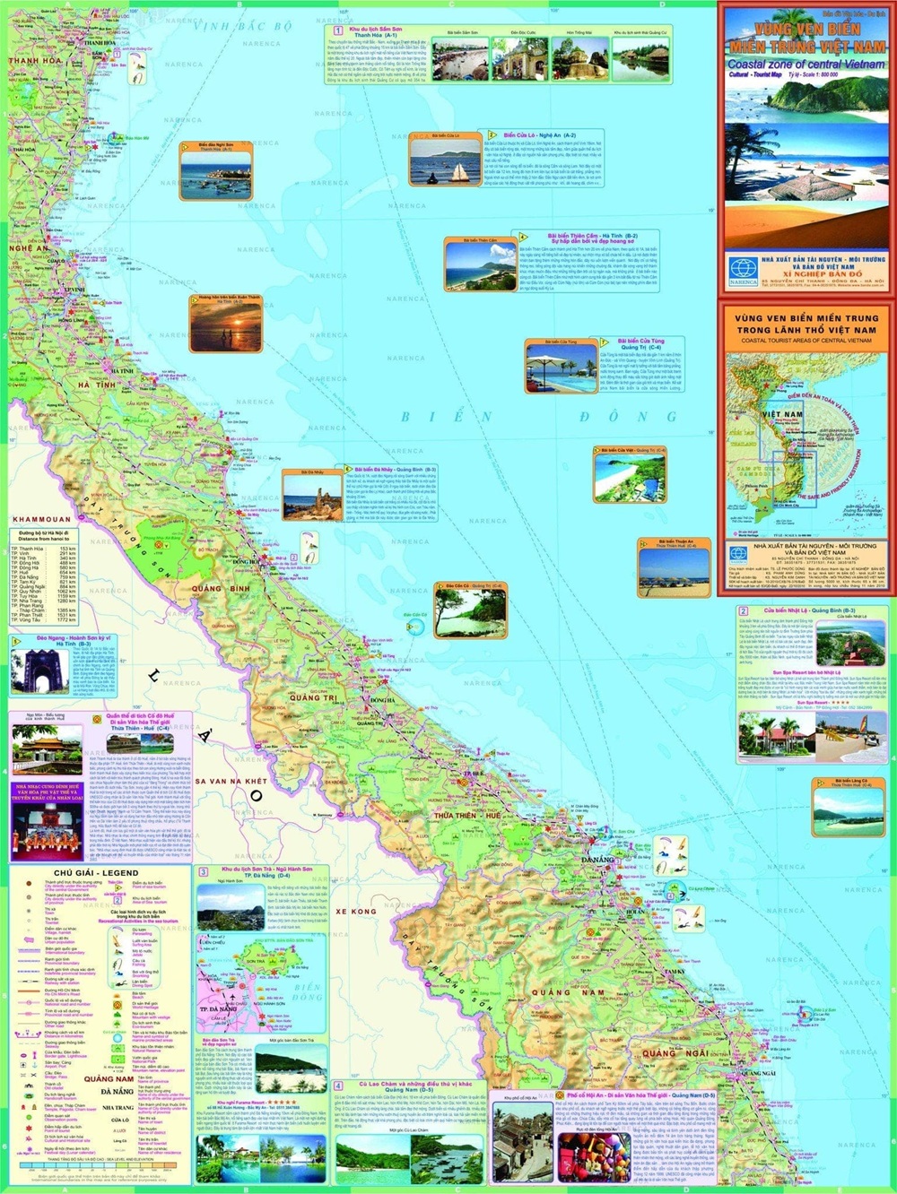 Bản đồ du lịch miền Trung nổi bật với cấu trúc lãnh thổ hẹp ngang