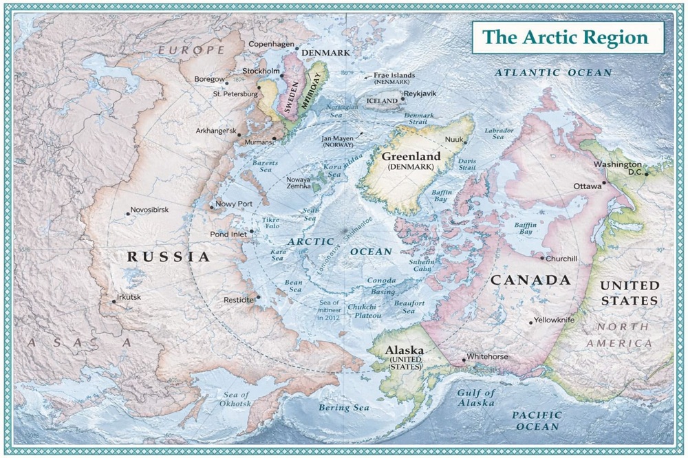 Thể hiện ranh giới lãnh thổ của 8 quốc gia có phần đất nằm trong Vòng Bắc Cực