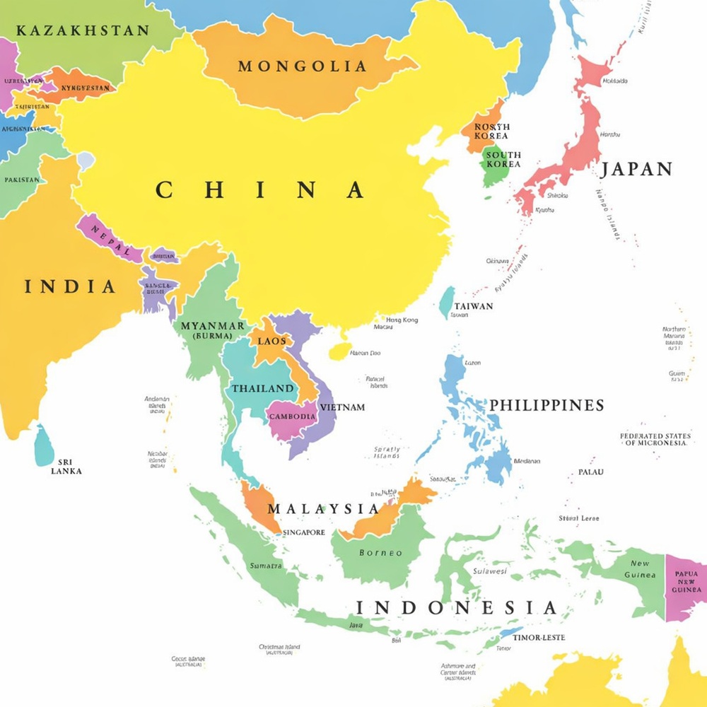 Bản đồ hành chính Đông Á thể hiện ranh giới quốc gia