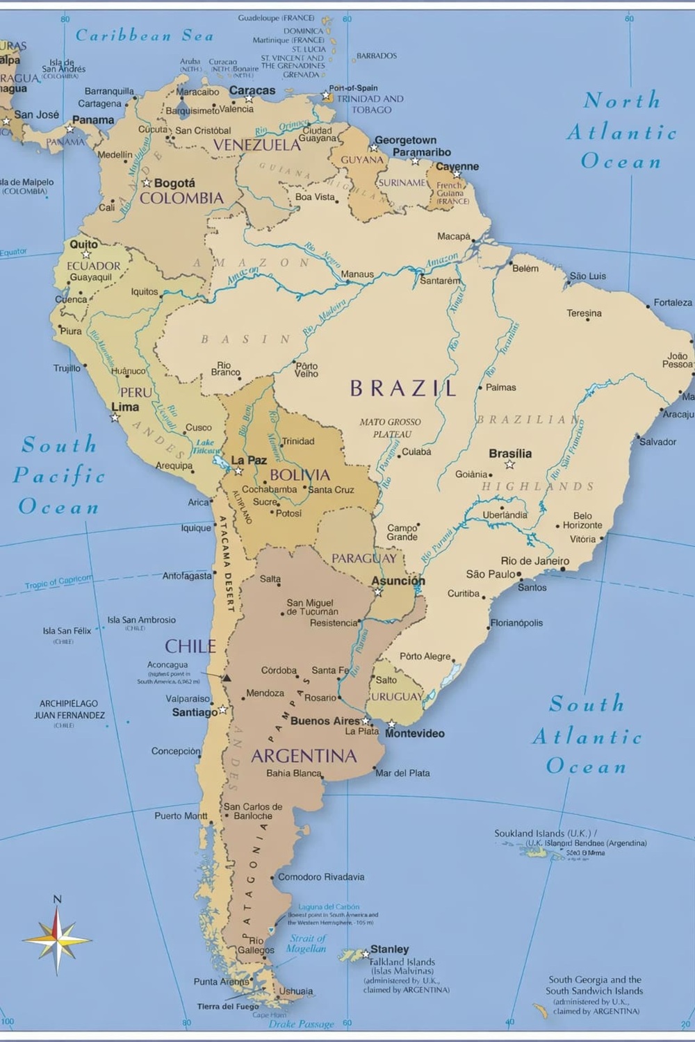 Bản đồ hành chính Nam Mỹ thể hiện ranh giới quốc gia