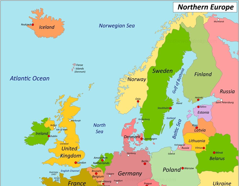 Bản đồ Bắc Âu tập trung vào các quốc gia nằm ở khu vực phía Bắc châu Âu