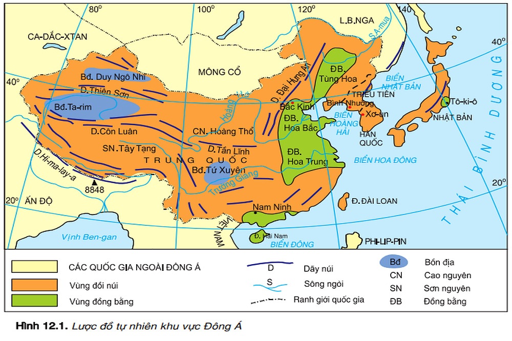 Bản đồ địa lý Đông Á tập trung vào địa hình