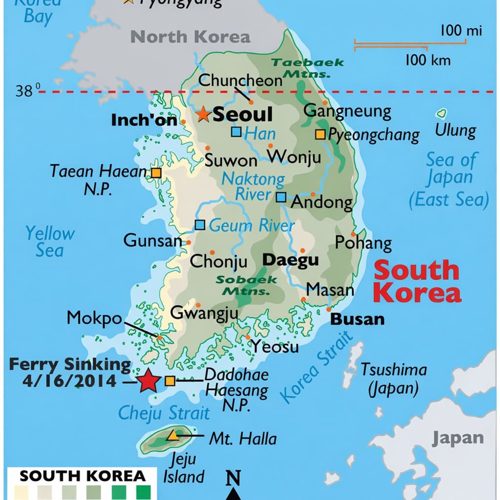 Bản đồ địa hình - địa lý Hàn Quốc phản ánh đặc điểm tự nhiên với địa hình đồi núi