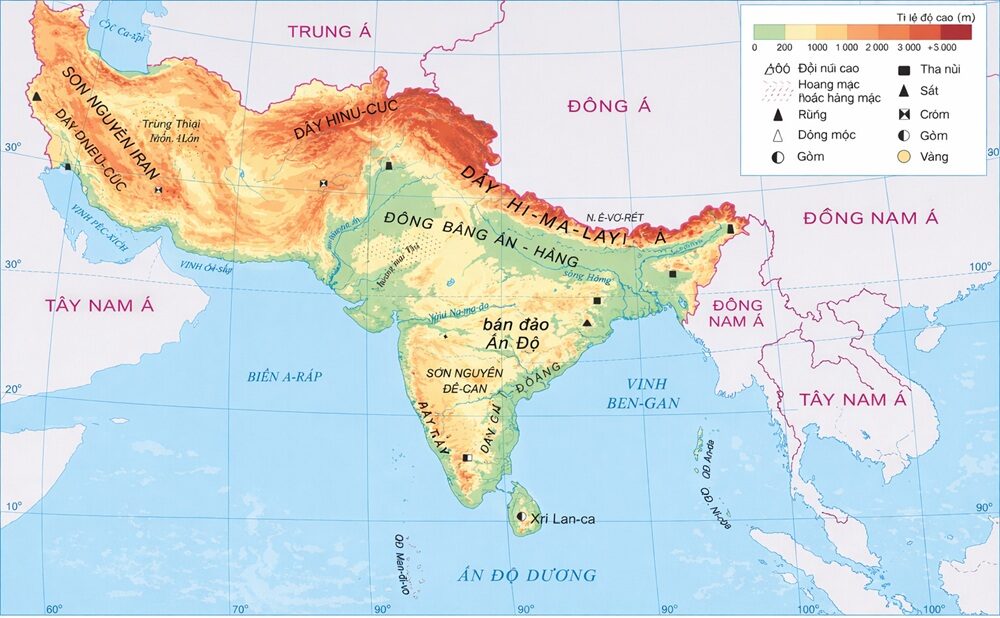Bản đồ địa lý Nam Á tập trung vào địa hình tự nhiên