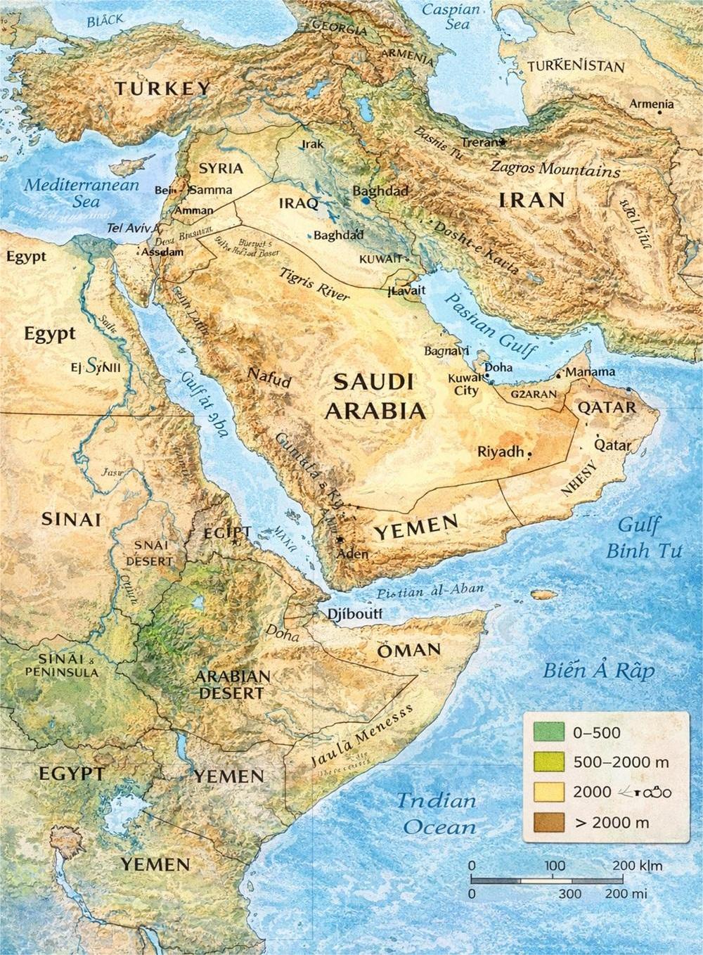 Bản đồ địa lý Trung Đông phản ánh rõ địa hình tự nhiên của khu vực như cao nguyên