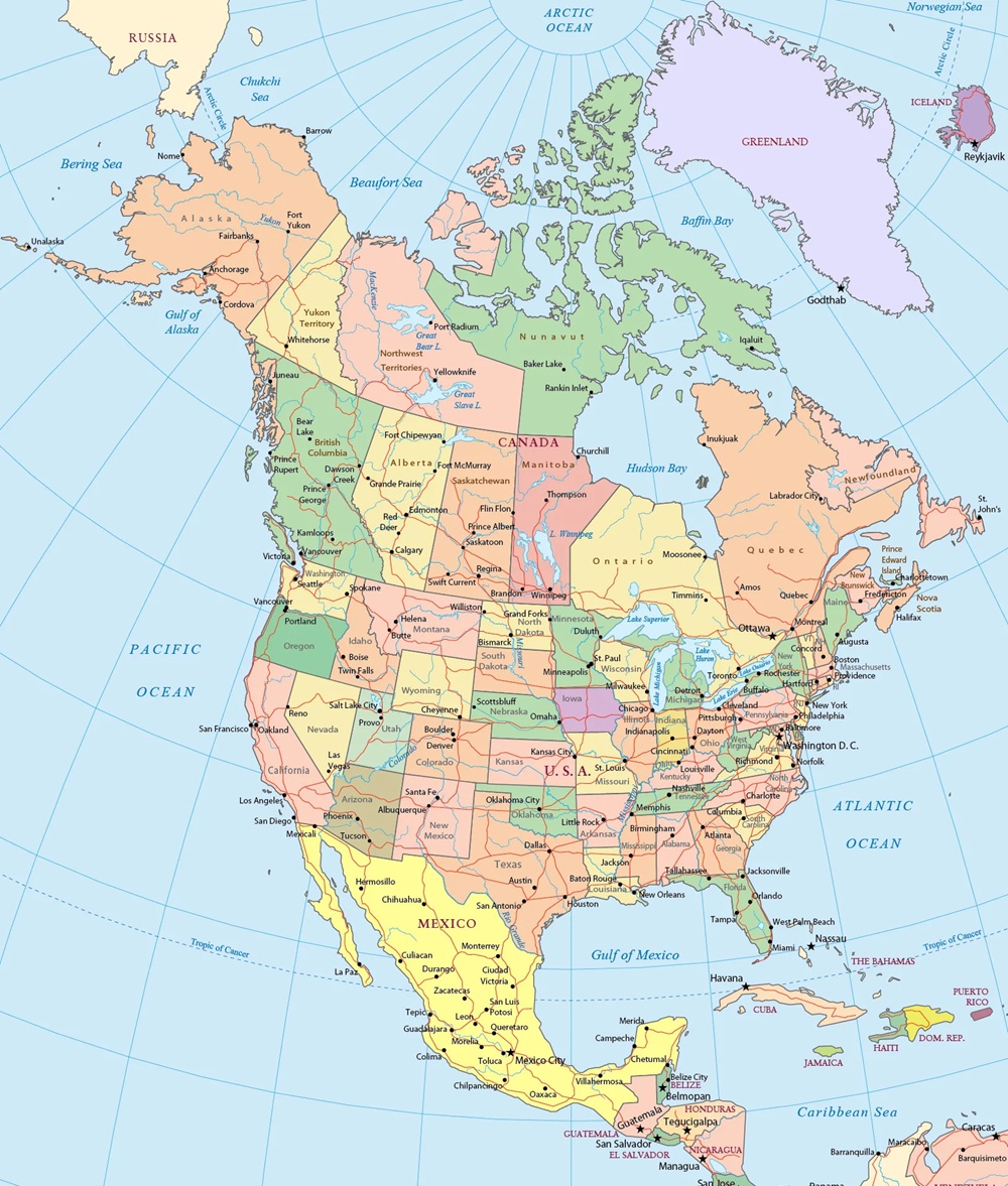 Bản đồ Bắc Mỹ thể hiện 3 quốc gia là Canada, Hoa Kỳ và Mexico,