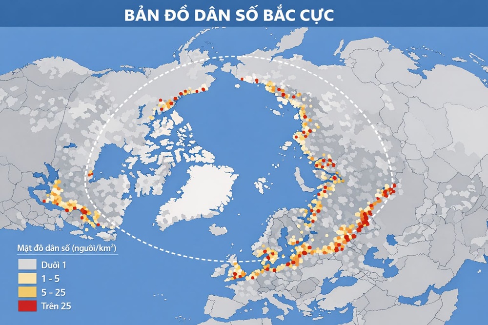 mật độ dân cư rất thấp, phân bố chủ yếu ở ven biển và khu vực đất liền phía nam Vòng Bắc Cực