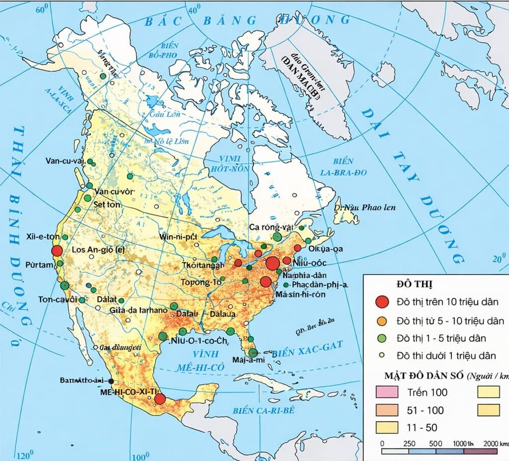 Bản đồ dân số Bắc Mỹ cho thấy sự phân bố dân cư không đồng đều