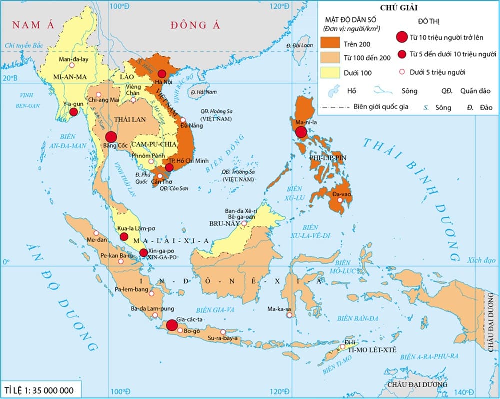 Bản đồ dân số Đông Nam Á thể hiện mật độ phân bố dân cư giữa các quốc gia và vùng lãnh thổ