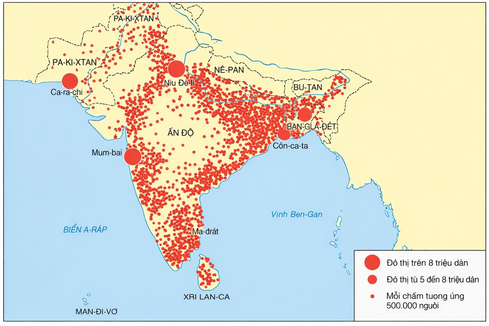 Bản đồ dân số Nam Á cho thấy sự phân bố dân cư không đồng đều