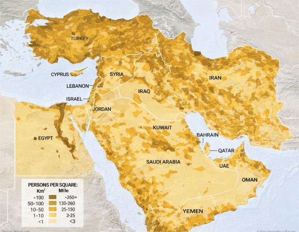 Bản đồ dân số Trung Đông thể hiện mật độ dân cư