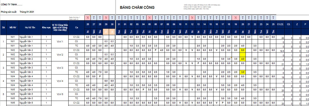 Mẫu bảng chấm công theo ca giúp quản lý nhân sự