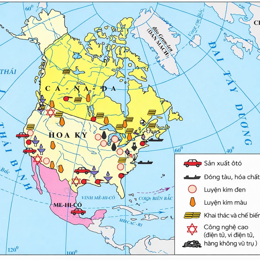 Bản đồ kinh tế Bắc Mỹ thể hiện các trung tâm công nghiệp