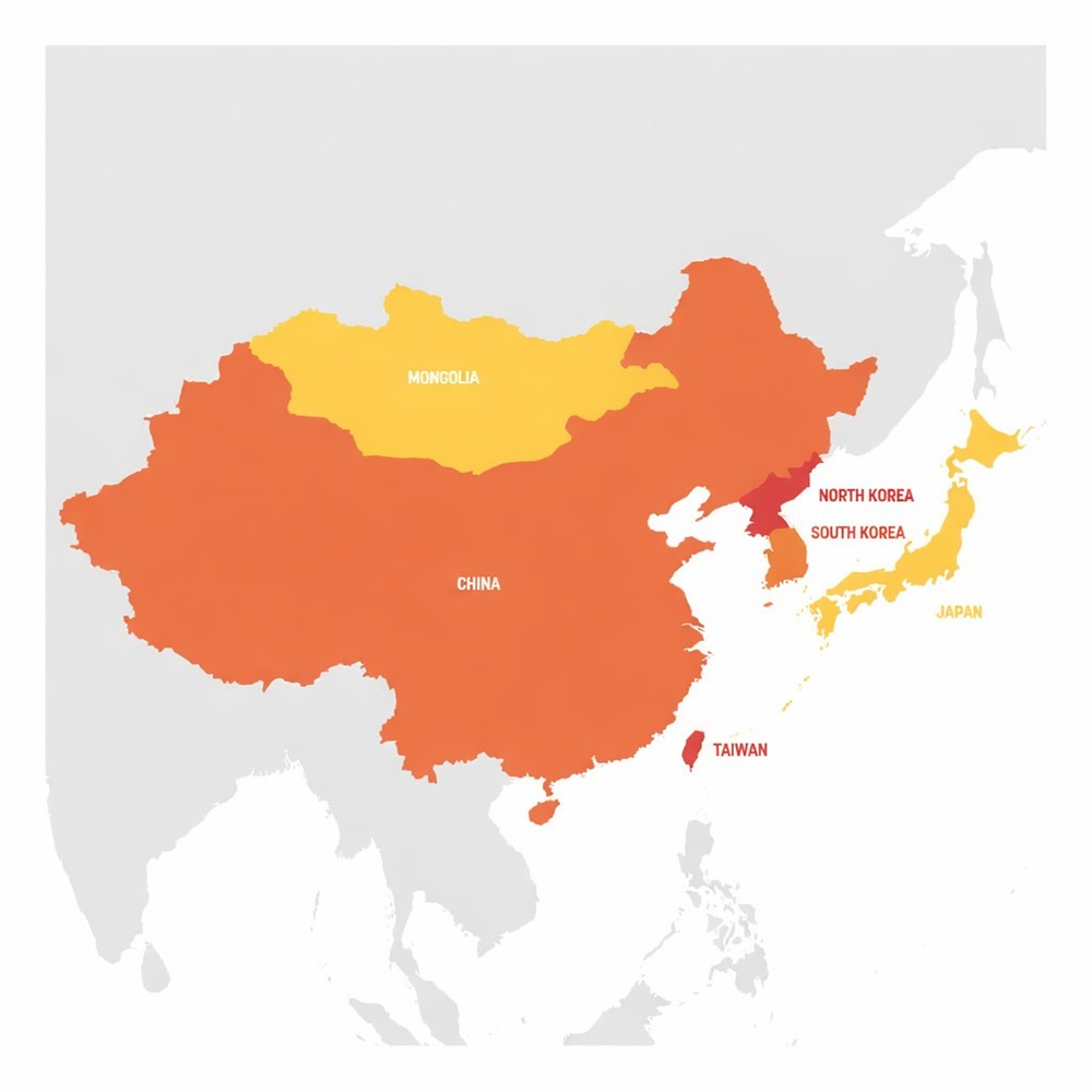 Bản đồ kinh tế Đông Á thể hiện trung tâm công nghiệp