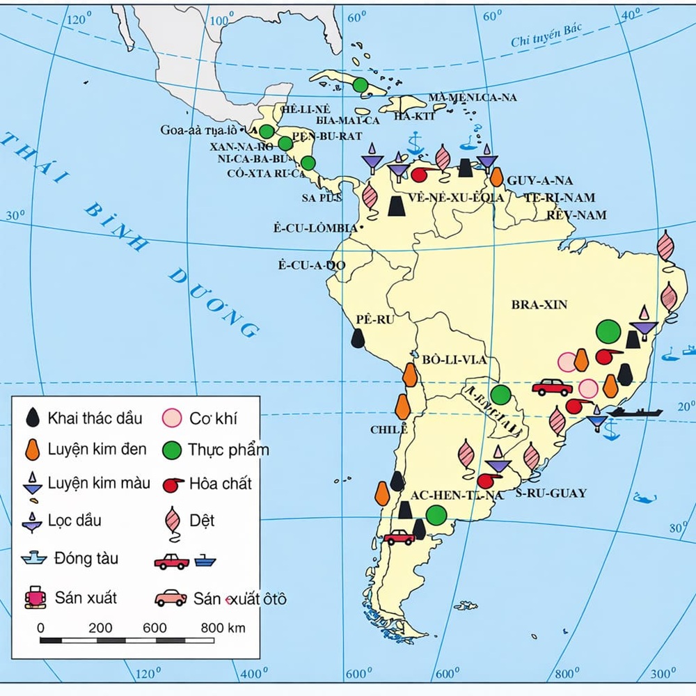 Bản đồ kinh tế Nam Mỹ thể hiện các vùng sản xuất, tài nguyên thiên nhiên