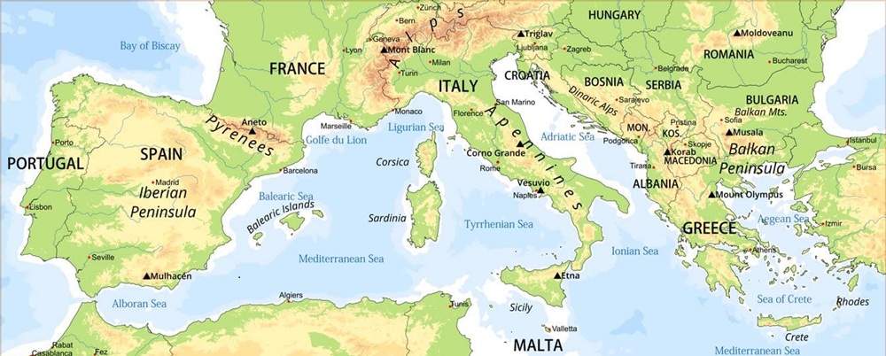 Bản đồ Nam Âu thể hiện các quốc gia nằm ven Địa Trung Hải