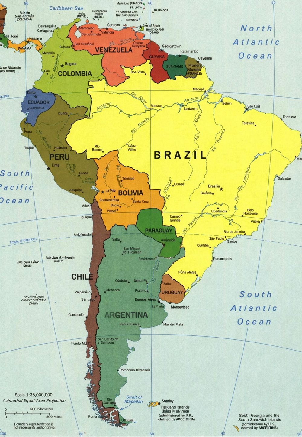 Bản đồ Nam Mỹ thể hiện 12 quốc gia